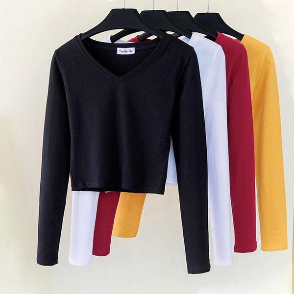 women's t-shirt t shirt long sleeve solid cropped harajuku clothing casual v-neck bodycon tee cotton high waist female, White
women's t-shirt t shirt long sleeve solid cropped harajuku clothing casual v-neck bodycon tee cotton high waist female, White