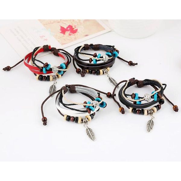 link, chain vintage leaf feather multilayer leather bracelet men or women fashion braided handmade star rope wrap bracelets & bangles gift, Black 
link, chain vintage leaf feather multilayer leather bracelet men or women fashion braided handmade star rope wrap bracelets & bangles gift, Black