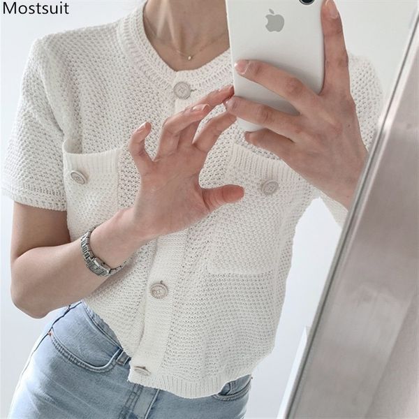 summer elegant fashion women knitted cardigan korean short sleeve single-breasted o-neck pockets sweater black beige white 210514
summer elegant fashion women knitted cardigan korean short sleeve single-breasted o-neck pockets sweater black beige white 210514