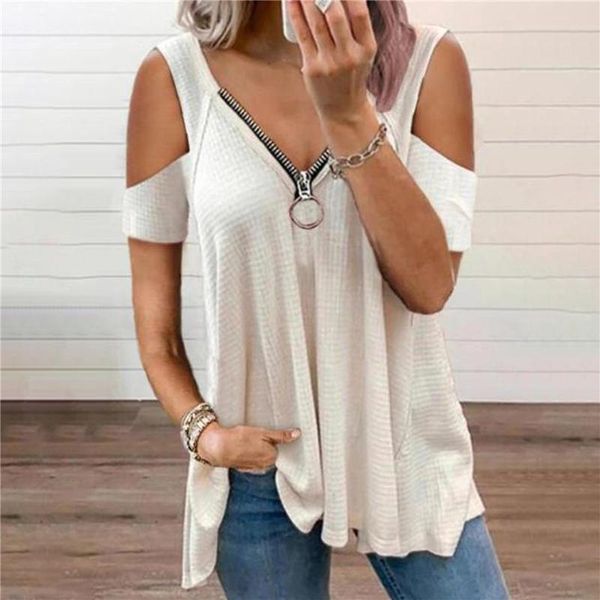 women's t-shirt summer fashion v-neck zipper off shoulder hole solid color party short sleeve tees, White
women's t-shirt summer fashion v-neck zipper off shoulder hole solid color party short sleeve tees, White