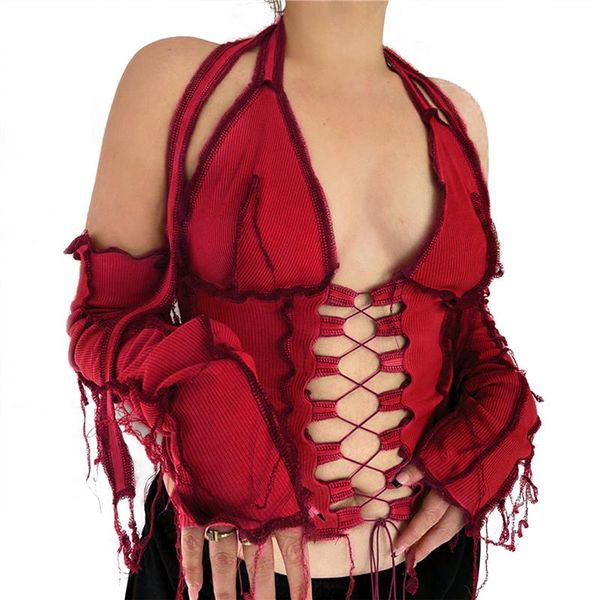 women's t-shirt spring fall cropped t shirt hollow crop lace-up patchwork party summer neck-hanging clothes ruffle mittens, White
women's t-shirt spring fall cropped t shirt hollow crop lace-up patchwork party summer neck-hanging clothes ruffle mittens, White