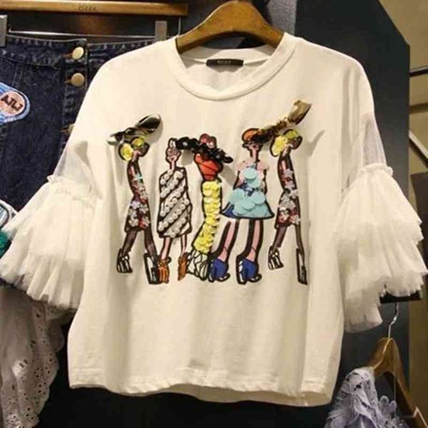 korean fashion embroidered flares cartoon t shirt women gauze spliced tees summer short sleeve for women 210514, White
korean fashion embroidered flares cartoon t shirt women gauze spliced tees summer short sleeve for women 210514, White