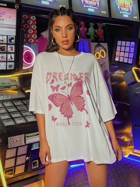 butterfly and letter graphic drop shoulder oversized tee 915r#, White 
butterfly and letter graphic drop shoulder oversized tee 915r#, White