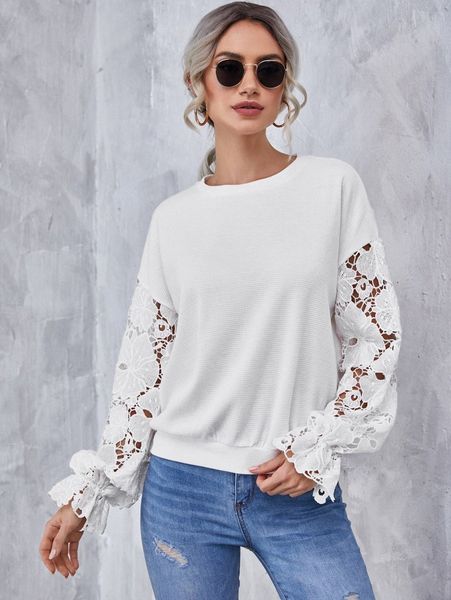 drop shoulder lace sleeve pullover q4o6#, White;black
drop shoulder lace sleeve pullover q4o6#, White;black