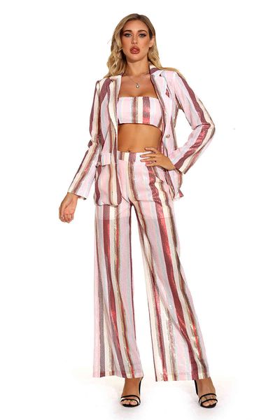 women's two piece pants suits long sleeves pink stripes vintage vestios celebrity evening party wear lgu7, White
women's two piece pants suits long sleeves pink stripes vintage vestios celebrity evening party wear lgu7, White
