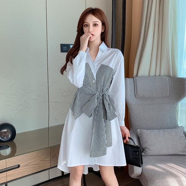 #5347 black white sashes a line casual shirt dress women false two piece asymmetric front buttons long sping dresses, Black;gray
#5347 black white sashes a line casual shirt dress women false two piece asymmetric front buttons long sping dresses, Black;gray