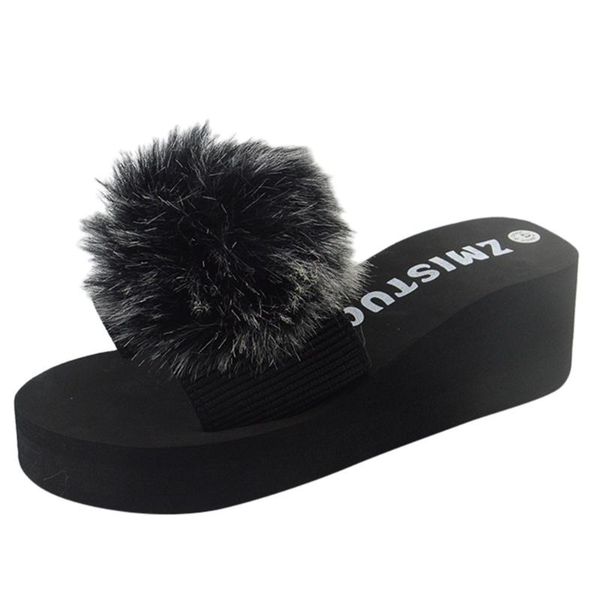 women's slipper hairy ball slippers female high heel wedge 5.5cm non-slip beach shoes summer, Black
women's slipper hairy ball slippers female high heel wedge 5.5cm non-slip beach shoes summer, Black