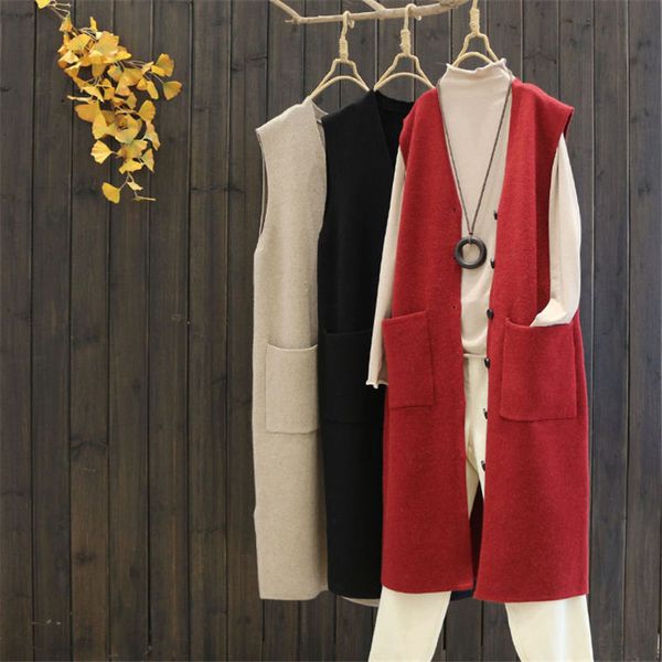 jacket autumn lazy style loose sleeveless long knitted cardigan sweater vest with deep v neckline y1085 n2ix, Black;brown
jacket autumn lazy style loose sleeveless long knitted cardigan sweater vest with deep v neckline y1085 n2ix, Black;brown