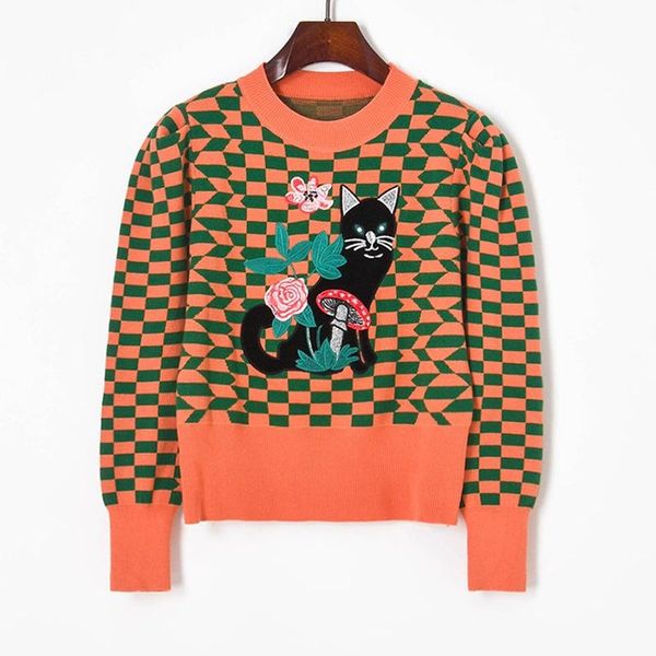women's sweaters vintage puff sleeve pullover women cat flower embroidery plaid sweater crop 2021 autumn round neck short fashion, White;black
women's sweaters vintage puff sleeve pullover women cat flower embroidery plaid sweater crop 2021 autumn round neck short fashion, White;black