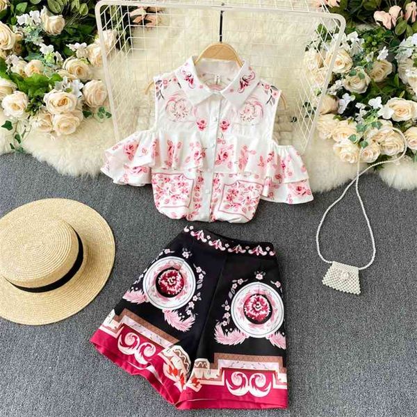 retro fashion suit printed off-shoulder ruffled short-sleeved shirt high-waisted short skirt two-piece gk108 210506, White 
retro fashion suit printed off-shoulder ruffled short-sleeved shirt high-waisted short skirt two-piece gk108 210506, White