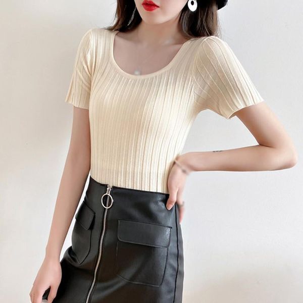 women's t-shirt summer round neck slim simple wild ice silk knitted short-sleeved 2021, White
women's t-shirt summer round neck slim simple wild ice silk knitted short-sleeved 2021, White