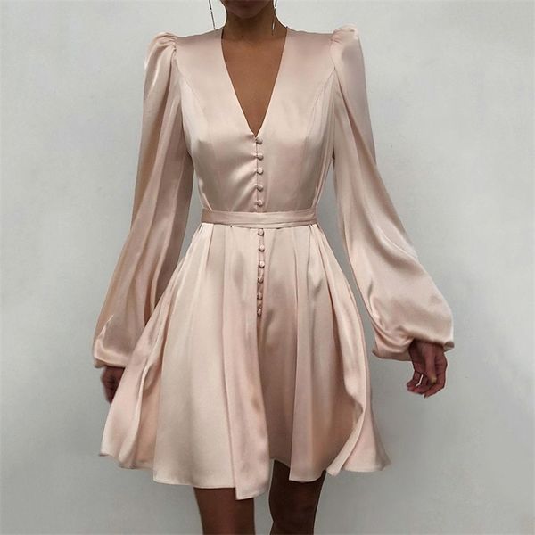 summer satin v-neck elegant slim dress female design lantern sleeve mini vintage button solid vestidos 210508, Black;gray
summer satin v-neck elegant slim dress female design lantern sleeve mini vintage button solid vestidos 210508, Black;gray