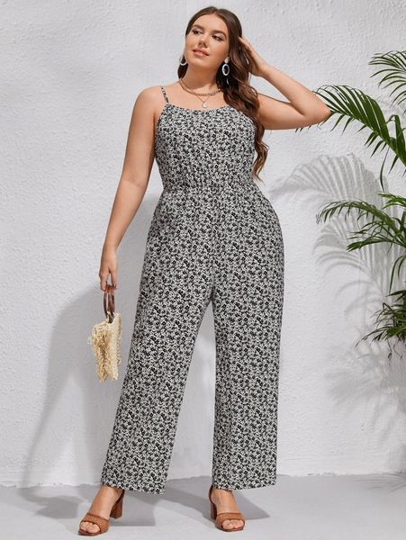 plus ditsy floral cami jumpsuit 53el#, Black