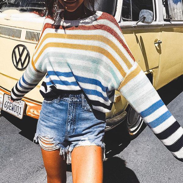women's sweaters multicolor stripe sweater women pullover 2021 knitted casual high street loose long sleeves female jumpers, White;black
women's sweaters multicolor stripe sweater women pullover 2021 knitted casual high street loose long sleeves female jumpers, White;black