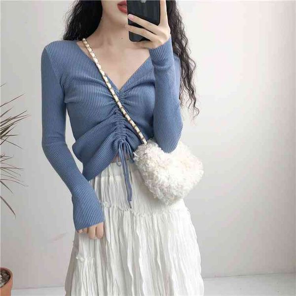 women's v-neck and shoelace sweater, slotted long sve knitted plain weave, navel, autumn cut top, White;black
women's v-neck and shoelace sweater, slotted long sve knitted plain weave, navel, autumn cut top, White;black