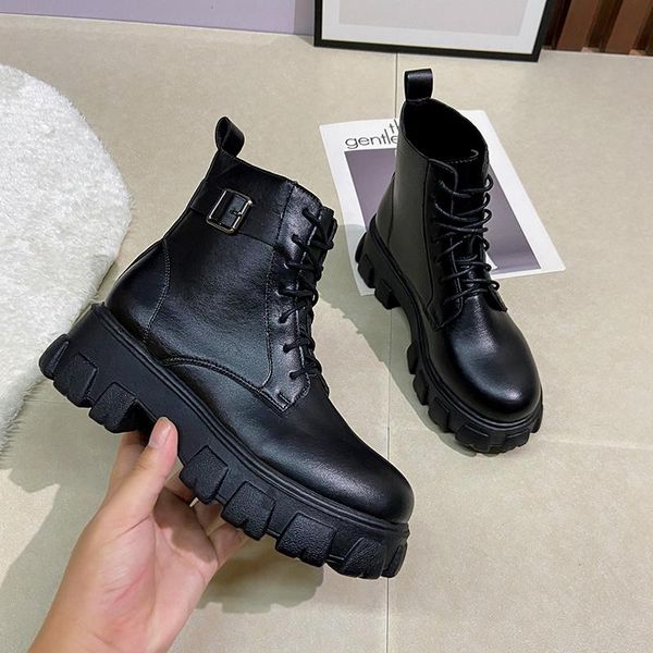 boots punk style platform 2021 british women ankle women's motorcycle boot fashion ladies chunky shoes size 34-39, Black