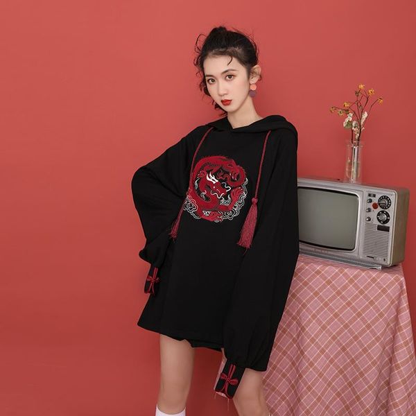 women's hoodies & sweatshirts 2021 chinese dragon embroidered loose women fall/spring hooded casual sweatshirt lantern sleeve tassel up, Black
women's hoodies & sweatshirts 2021 chinese dragon embroidered loose women fall/spring hooded casual sweatshirt lantern sleeve tassel up, Black