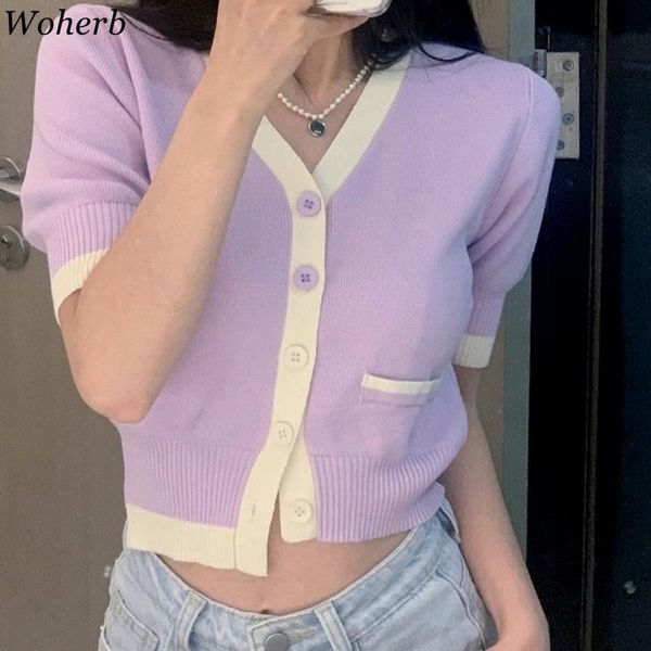 women's knits & tees woherb cardigan knitted sweater women 2021 summer short sleeve contrast color knit korean style chic casual femal, White
women's knits & tees woherb cardigan knitted sweater women 2021 summer short sleeve contrast color knit korean style chic casual femal, White