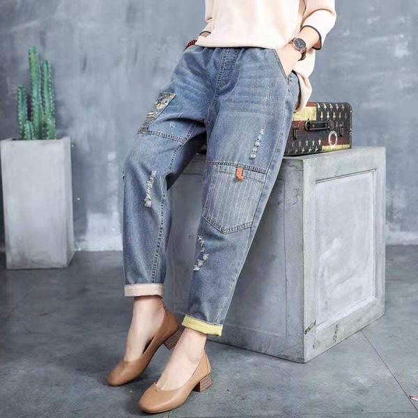 jean spring arts style women loose casual elastic waist ripped all-matched cotton denim patchwork jeans w14 iwj1, Blue
jean spring arts style women loose casual elastic waist ripped all-matched cotton denim patchwork jeans w14 iwj1, Blue