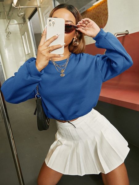 drop shoulder drawstring crop sweatshirt 572j#, White;black 
drop shoulder drawstring crop sweatshirt 572j#, White;black