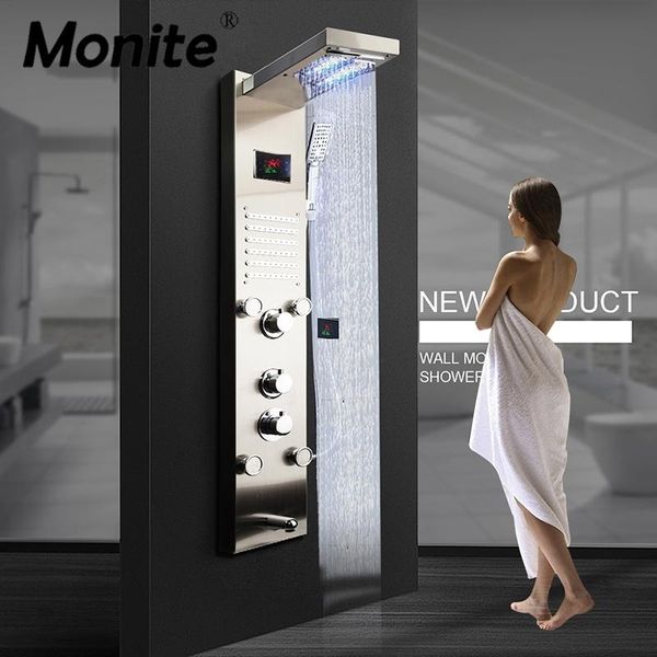 monite nickel brushed digital display shower panel column led rain waterfall shower spa jets bath dark grey mixer faucet
monite nickel brushed digital display shower panel column led rain waterfall shower spa jets bath dark grey mixer faucet