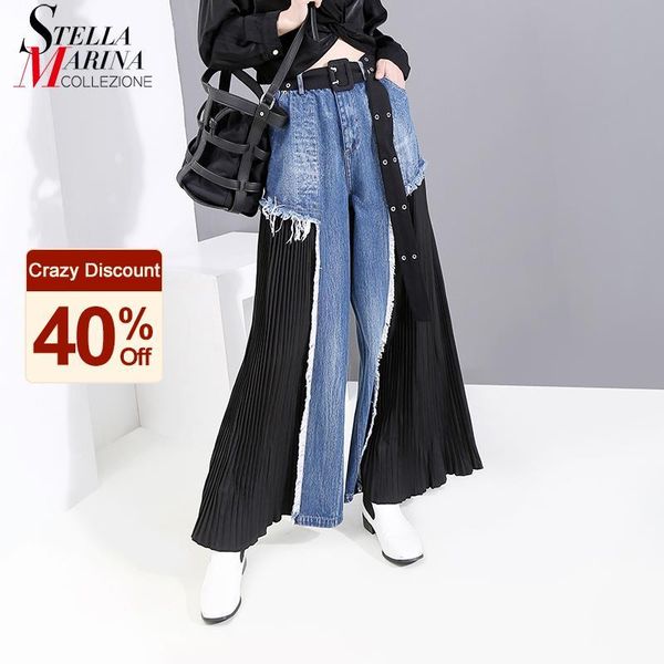 women's pants & capris woman wide legs blue denim patchwork designer pleated casual street style ladies unique straight jean trousers 5, Black;white
women's pants & capris woman wide legs blue denim patchwork designer pleated casual street style ladies unique straight jean trousers 5, Black;white