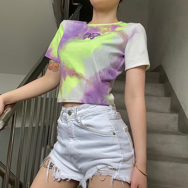 women's t-shirt tie dye butterfly embroidery crop summer women short sleeve slim fit harajuku streetwear fashion tee shirt, White
women's t-shirt tie dye butterfly embroidery crop summer women short sleeve slim fit harajuku streetwear fashion tee shirt, White