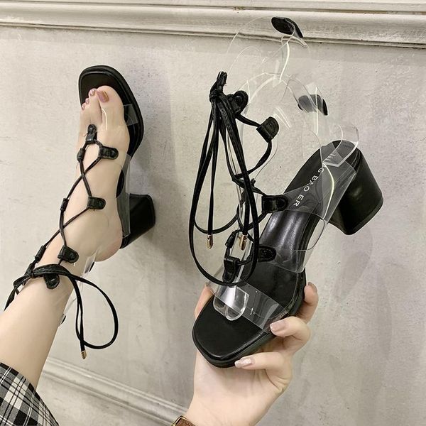 women fashion cross strap square heels shoes ladies elegant party woman drop transparent gladiator sandals, Black
women fashion cross strap square heels shoes ladies elegant party woman drop transparent gladiator sandals, Black