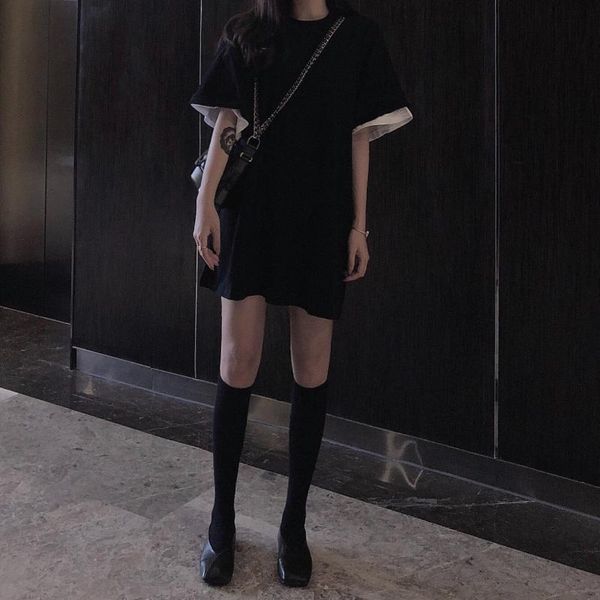 women's t-shirt korean color matching lower body missing medium length loose and fake two piece short sleeve in spring, White
women's t-shirt korean color matching lower body missing medium length loose and fake two piece short sleeve in spring, White