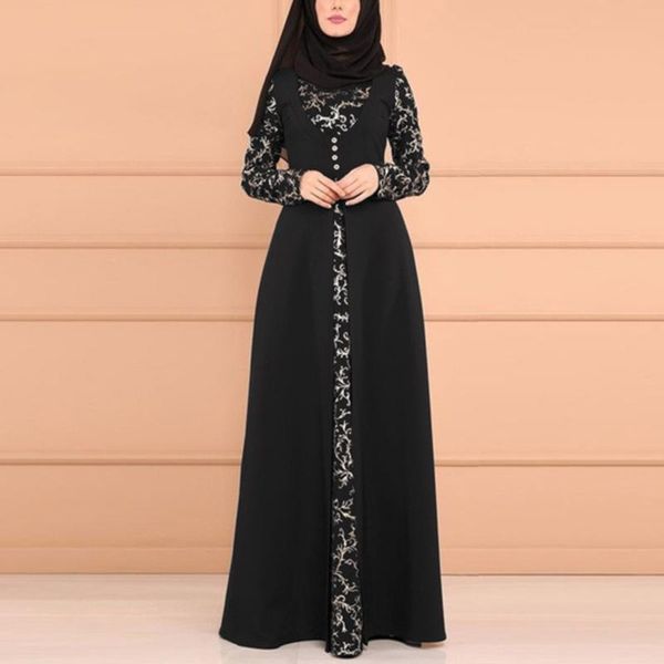 casual dresses european clothes vintage women muslim dress kaftan arab jilbab abaya islamic lace stitching maxi medieval #01, Black;gray 
casual dresses european clothes vintage women muslim dress kaftan arab jilbab abaya islamic lace stitching maxi medieval #01, Black;gray