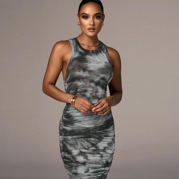 casual dresses tie dye ruched skinny midi dress 2021 autumn sleeveless printed bodycon slim package hip party club elegant, Black;gray 
casual dresses tie dye ruched skinny midi dress 2021 autumn sleeveless printed bodycon slim package hip party club elegant, Black;gray
