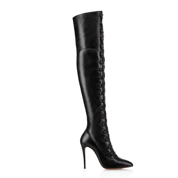 boots black stiletto pointed knee high large winter fashion women's shoes
