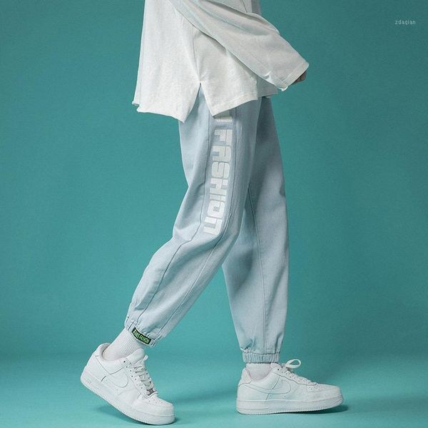 men's jeans color logo spring loose feet straight beam summer thin trousers han edition nine minutes of pants, Blue
men's jeans color logo spring loose feet straight beam summer thin trousers han edition nine minutes of pants, Blue