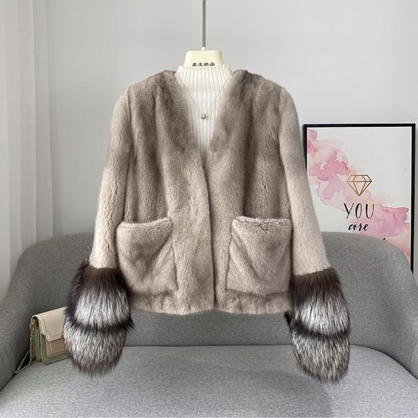 women's fur & faux ur fashion real mink coat with silver sleeve cuff 2021 winter whole skin, Black
women's fur & faux ur fashion real mink coat with silver sleeve cuff 2021 winter whole skin, Black