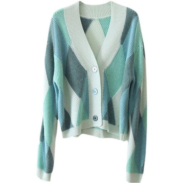 women's knits & tees knitted cardigan spring sweater 2021 relaxed fashion diamond color matching short coat, White
women's knits & tees knitted cardigan spring sweater 2021 relaxed fashion diamond color matching short coat, White