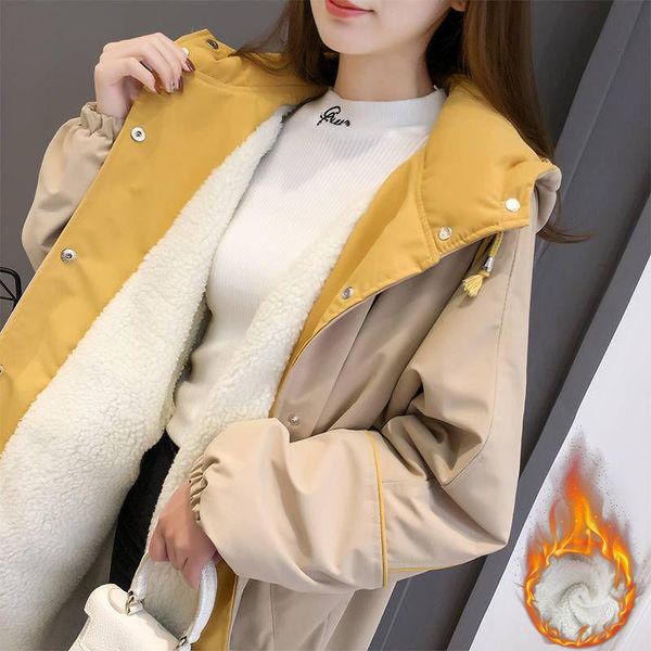 women's trench coats ladies windbreaker 2021 autumn winter hooded long plus velvet coat female student casual overwear size d1623, Tan;black
women's trench coats ladies windbreaker 2021 autumn winter hooded long plus velvet coat female student casual overwear size d1623, Tan;black