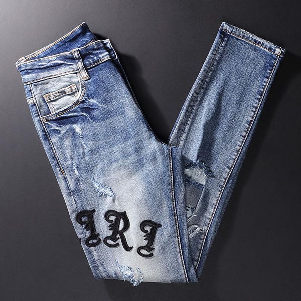 men's jeans street style fashion men retro blue elastic slim fit destroyed hole ripped patch designer hip hop denim pants
men's jeans street style fashion men retro blue elastic slim fit destroyed hole ripped patch designer hip hop denim pants
