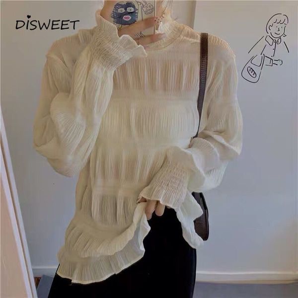 sweaters chiffon pleated woman korean long-sleeved high-neck loose see-through shirt women simple slim solid women's, White;black 
sweaters chiffon pleated woman korean long-sleeved high-neck loose see-through shirt women simple slim solid women's, White;black