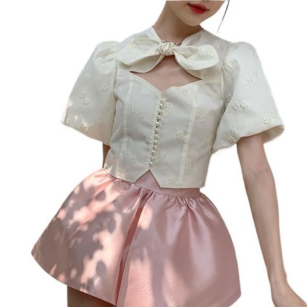 women's blouses & shirts puff sleeve women bow knot collar summer short dobby pearl button, White
women's blouses & shirts puff sleeve women bow knot collar summer short dobby pearl button, White
