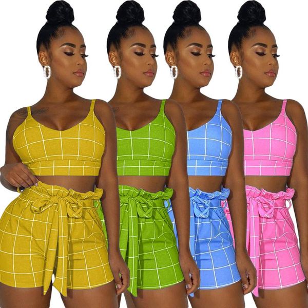 women's tracksuits s-2xl summer women clothing fashion 2021 plaid printing sleeveless and shorts two piece set wholesale drop, Gray 
women's tracksuits s-2xl summer women clothing fashion 2021 plaid printing sleeveless and shorts two piece set wholesale drop, Gray