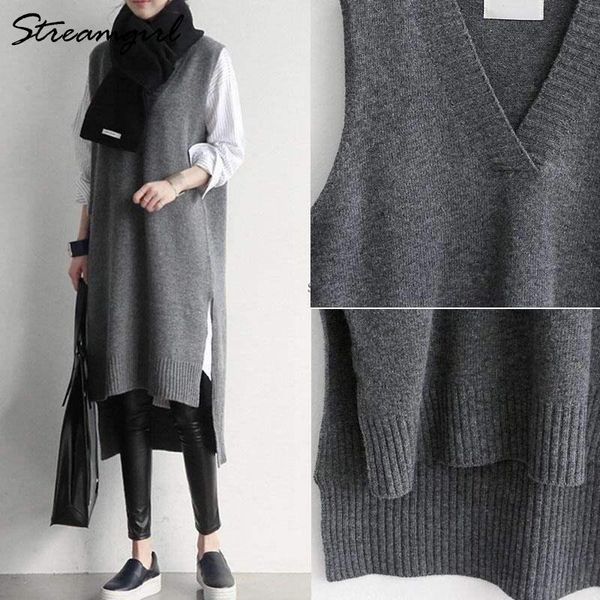women's vests vintage knitted vest women long gray sleeveless sweaters spring loose v neck black sweater for pullovers, Black;white
women's vests vintage knitted vest women long gray sleeveless sweaters spring loose v neck black sweater for pullovers, Black;white