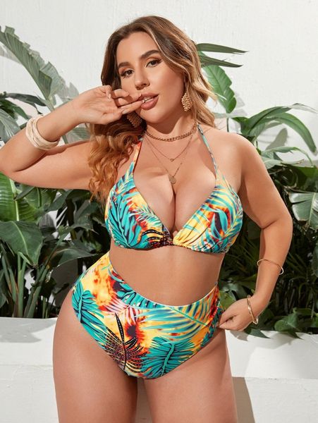 plus tropical print halter high waisted bikini swimsuit a6ca#, Black
