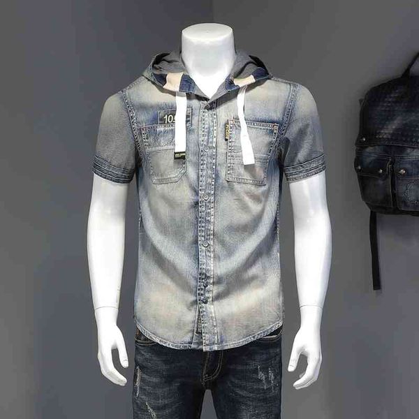 denim shirt men's hooded shirt short sleeve streetwear social blouse casual slim night club party camisa masculina 210527, White;black
denim shirt men's hooded shirt short sleeve streetwear social blouse casual slim night club party camisa masculina 210527, White;black