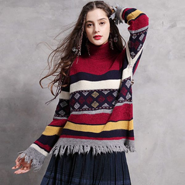 johnature winter retro all-match long sleeve patchwork turtleneck sweater leisure women pullover knitted tassel sweater 210521, White;black
johnature winter retro all-match long sleeve patchwork turtleneck sweater leisure women pullover knitted tassel sweater 210521, White;black