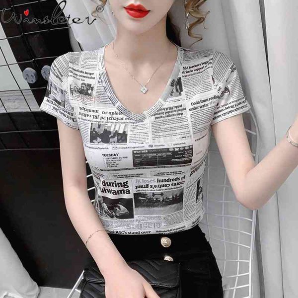 women's t-shirt summer european style fashion v-neck print graffiti spapers women tees casual all match t13927a xfjl, White
women's t-shirt summer european style fashion v-neck print graffiti spapers women tees casual all match t13927a xfjl, White