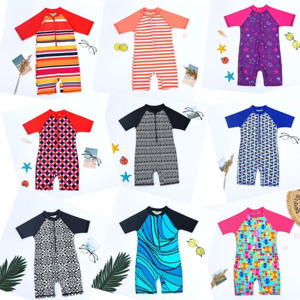 one-pieces children one piece swimsuit kids baby girls swimwear boys short sleeve surfing wear bathing suit sandy rash guard 6-12y, Black