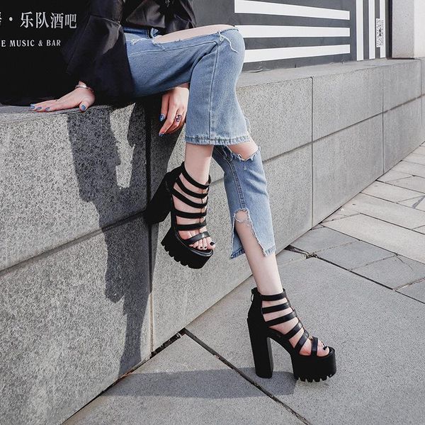 sandals spring 2021 thick heel super high hollow out platform, Black
