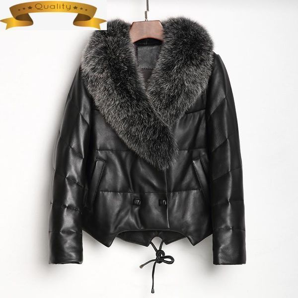 short genuine jacket leather women down winter sheepskin coat female fur collar 2021 mujer chaqueta sy0082 pph1704 women's & faux, Black