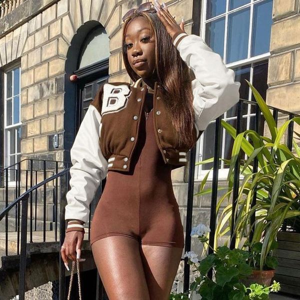 women's jackets 2021 european and american coat color matching printed leather pu sleeve baseball uniform short, Black;brown 
women's jackets 2021 european and american coat color matching printed leather pu sleeve baseball uniform short, Black;brown