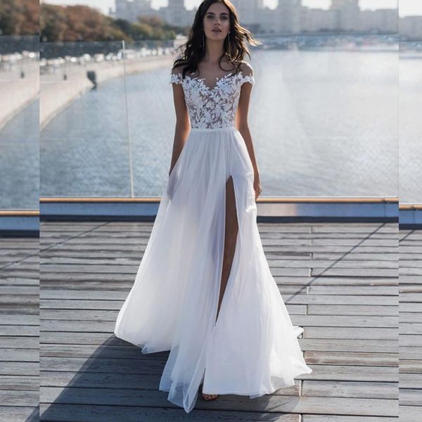 other wedding dresses beach dress sheer scoop neck short sleeves tulle with side slit lace appliques bridal gown women boho robe maria, White
other wedding dresses beach dress sheer scoop neck short sleeves tulle with side slit lace appliques bridal gown women boho robe maria, White